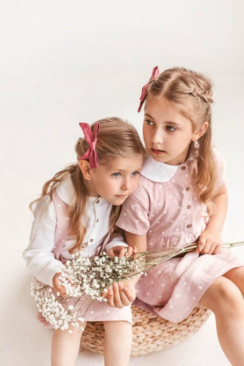 Ash Pink Polka Dots Linen Dress with charming Peter Pan Collar, Summer Linen Dress for Girls, Linen baby girl first birthday dress image 9