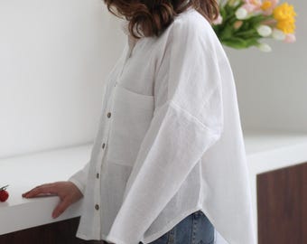 Camisa de linho branca oversized | Camisa de linho minimalista com botões | Top de ajuste relaxado | Roupas sustentáveis de linho feitas à mão