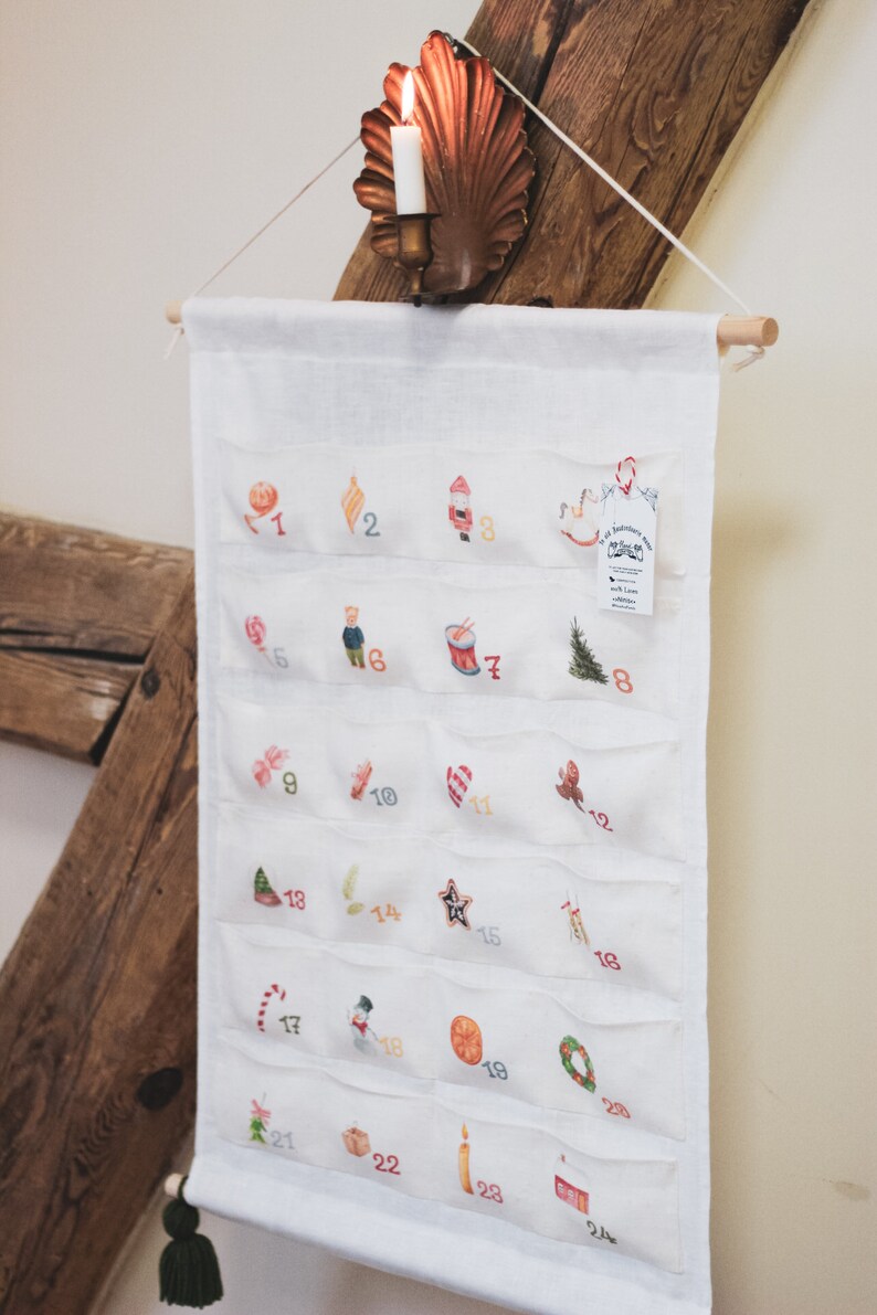 Advent calendar for kids, Handcrafted Advent calendar with pockets, 100% Linen Christmas countdown calendar, Heirloom Christmas decor image 6