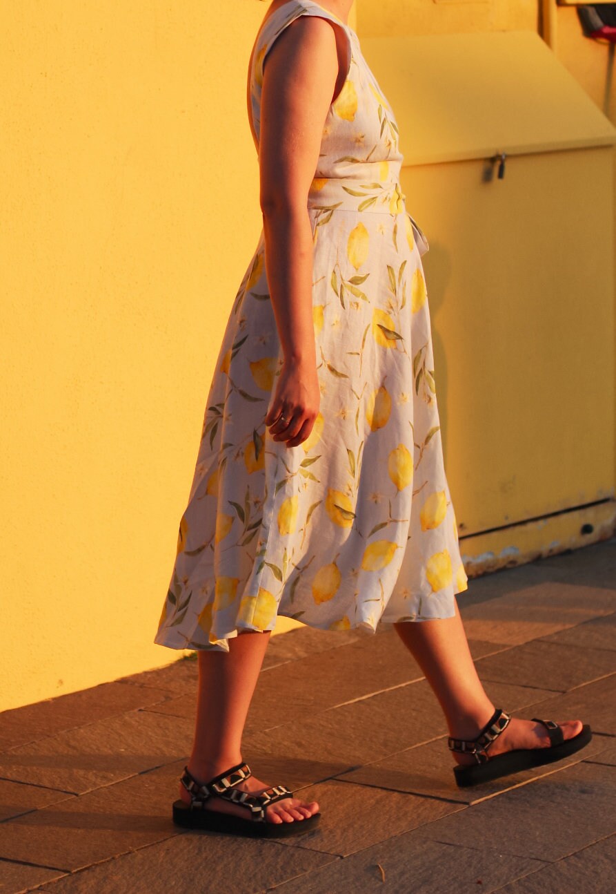 Midi Linen Dress AMALFI, Natural Linen Summer Dress, Lemon Print Dress, ,  Backless Dress, Open Back Linen Dress, Wedding Guest Dress Summer - Etsy