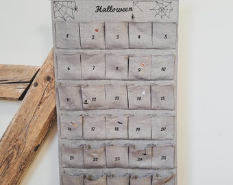 Vintage Halloween Countdown Calendar, Personalized Halloween countdown calendar from natural linen, Embroidered linen Halloween calendar