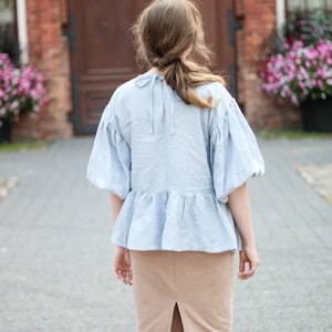 Linen Cottagecore Blouse with  Puffy Sleeve / Summer Linen Top with Balloon Sleeve / Edwardian Bishop Sleeve Blouse / Casual Linen Shirt