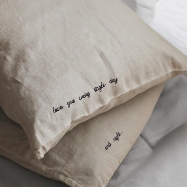 Set of 2 Personalized Linen Pillowcases, Embroidered with Your Text, Romantic Couple Gift, Anniversary, Wedding, Unique Valentines Day gift