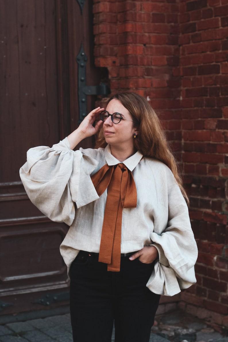 VALENTINA linen blouse, Linen Victorian blouse, Flax Poet shirt with puff Bishop sleeves, Edwardian shirt, Autumn Victorian shirt, Bookish image 1