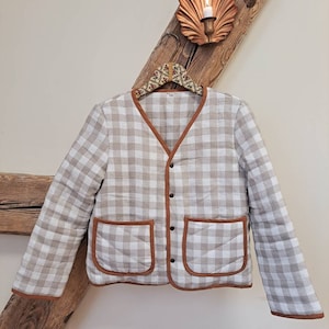 Checkered Linen Jacket for Adults, Linen Quilted Jacket for Women, Handcrafted Quilt Jacket with Patchwork Star, Cottagecore Spring Jacket