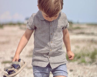 Checkered Linen Shirt  / Organic Linen Girl's Blouse / Short Sleeves Toddler Boy's Shirt / Vintage Style Organic Kids' Shirt