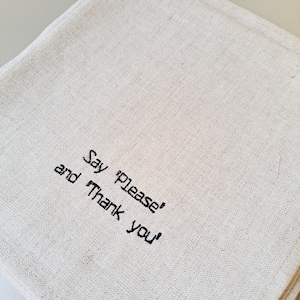 Personalized Table Manners Cocktail Napkins, Embroidered linen dinner napkins, funny gift for mom or grandma, thanksgiving hostess gift