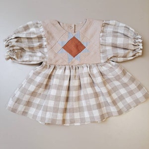 Patchwork linen top for kids, Checkered linen girl tunic with patchwork quilt star, Linen cottagecore blouse for girls image 7