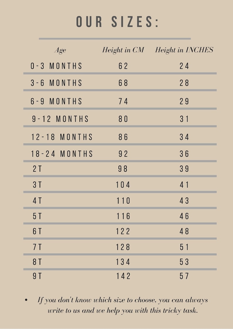 May include: A beige chart titled "OUR SIZES" displays baby and toddler clothing sizes. It lists age ranges from 0-3 months to 9T, with corresponding heights in centimeters and inches. Includes a note about assistance with sizing.