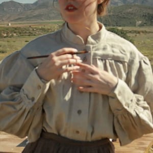 Bookish shirt, Natural linen top, Linen blouse, Victorian blouse with puffy sleeves, Undyed linen dark academia shirt