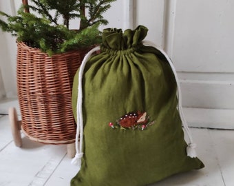 Woodland Drawstring Linen Sack With Hand Embroidered Fawn/ Reusable Embroidered Linen Pouch / Linen Toy Storadge Bag
