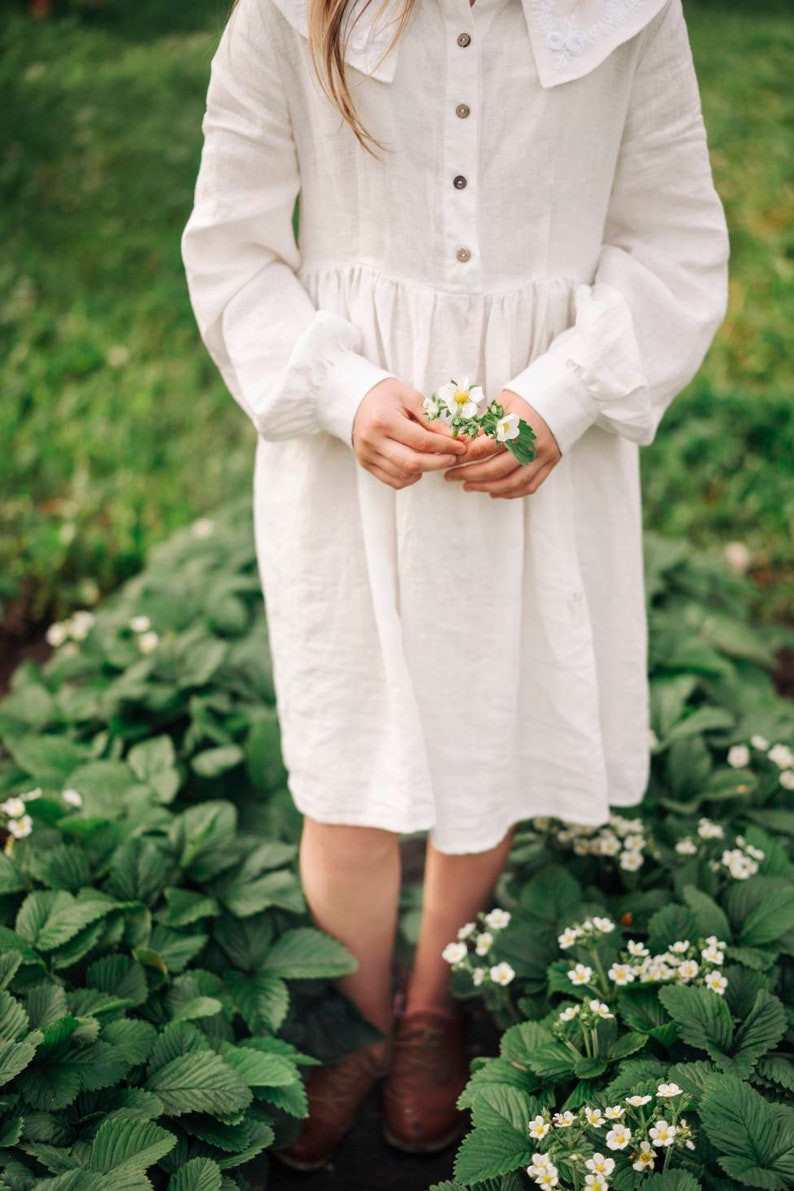 Natural linen summer dress with beautiful large collar / white shirt linen dress / White linen cottagecore dress image 7