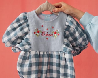 Heirloom Strawberry Baby Romper – Blue Gingham & Linen, Personalized Name Outfit for Girls, Photo Shoot or Summer Gift Idea