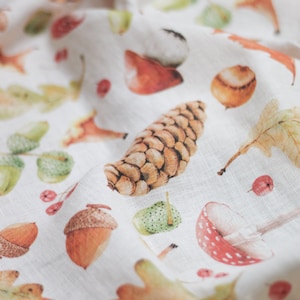 Autumn Fall Linen Fabric with Unique Print by the Yard, Vintage Linen By The Meter, Withchy linen fabric, Woodland fabric for cothes