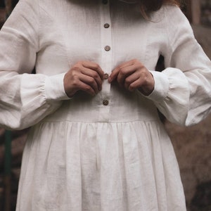 White Linen Maxi Dress: Peter Pan Collar, Ruffled Skirt, Light Academia Style Outfit