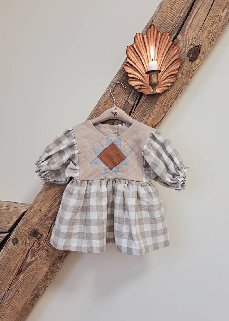 Patchwork linen top for kids, Checkered linen girl tunic with patchwork quilt star, Linen cottagecore blouse for girls image 1