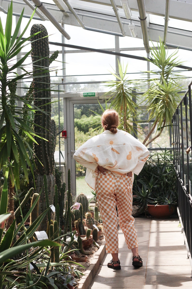 Relaxed Linen pants, cropped linen pants in burnt orange color, Checkered linen pants, Gingham Linen Trousers, handmade elastic waist pants image 3