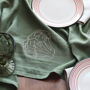 Embroidered Linen Summer Table runner, Garden party table decor, Sage Green modern dining table centerpiece, Table Runner for Housewarming