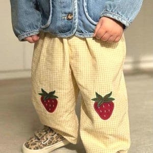 Yellow gingham linen toddler pants with Strawberry patches, Homemade kids summer clothes