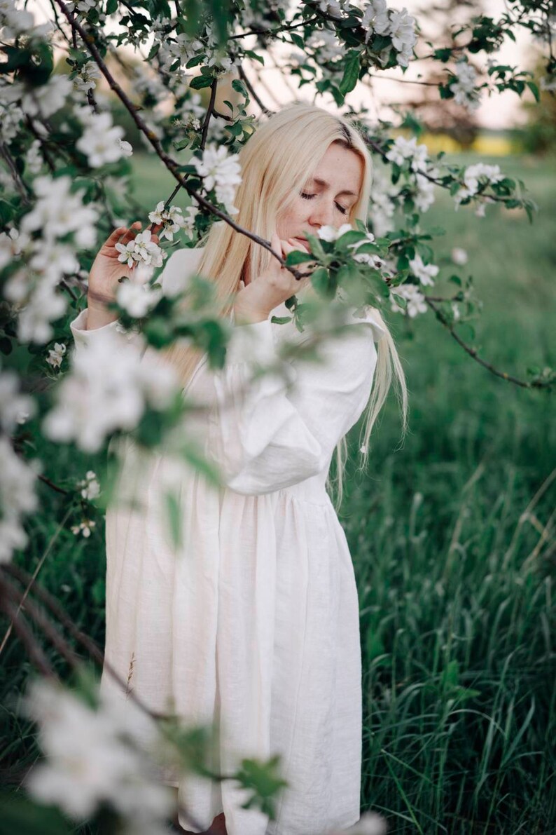 Natural linen summer dress with beautiful large collar / white shirt linen dress / White linen cottagecore dress image 6