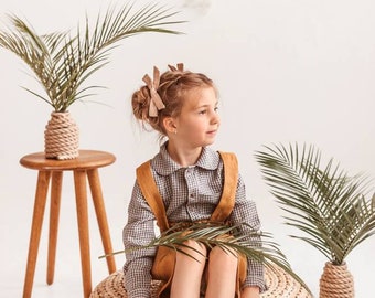 Natural Linen Set for Girl with Skirt and Blouse /Brown Pinafore dress and Gingham Linen Blouse with Peter Pan Collar / Linen Easter outfit