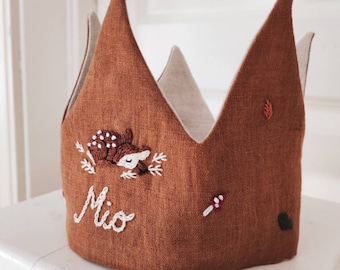 Linen Woodland Crown / Hand Embroidered Birthday Crown / Natural Linen Birthday Play Crown / Kids Happy Birthday Party Hat / Crown with name