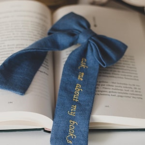 Handmade Blue Linen Bow, Golden Embroidery, Fairycore Gift for Book Lover, Bookworm gift idea, Vintage Hair Accessory, Cottagecore Style