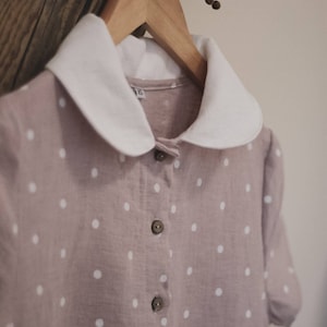 Pink Polka Dots Linen Dress /  Vintage Style Linen Dress with Peter Pan Collar / Loose Fit Linen Summer Dress