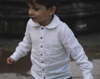 White Linen Kids' Shirt with Front Pocket / White Linen Girl's Blouse / Long Sleeves Toddler Boy's Shirt/ Vintage Style Organic Kids' Shirt