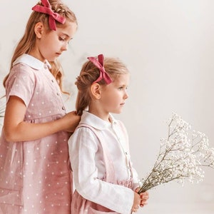 Ash Pink Polka Dots Linen Dress with charming Peter Pan Collar, Summer Linen Dress for Girls, Linen baby girl first birthday dress image 2