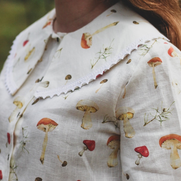 Camicia di funghi di lino, camicia goblincore, camicia cottagecore, camicia fairycore, camicia naturecore, camicia di lino autunnale della strega verde