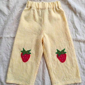 Yellow gingham linen toddler pants with Strawberry patches, Homemade kids summer clothes