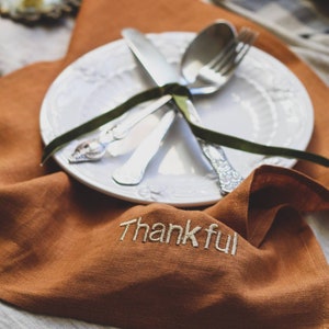 A set of burnt orange linen napkins with embroidery / Thanksgiving table decor / Washed linen dinner cloth napkins / Thanksgiving gift 画像 2