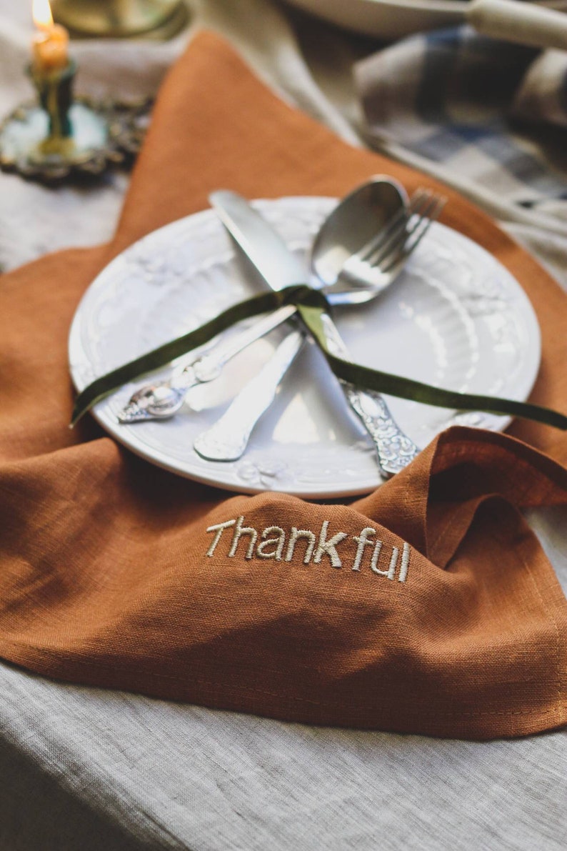 A set of burnt orange linen napkins with embroidery / Thanksgiving table decor / Washed linen dinner cloth napkins / Thanksgiving gift 画像 2