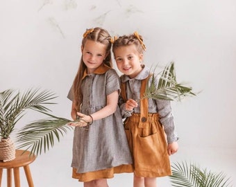 Natural Linen Set for Girl with Skirt and Blouse /Brown Pinafore dress and Gingham Linen Blouse with Peter Pan Collar / Linen Easter outfit