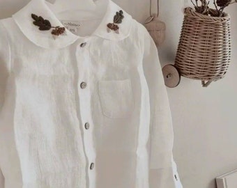 White Linen OAK Shirt for Kids / Hand Embroidered Linen Boy Top / Linen Children's Blouse with Acorn Embroidery / Boy Baptism Outfit