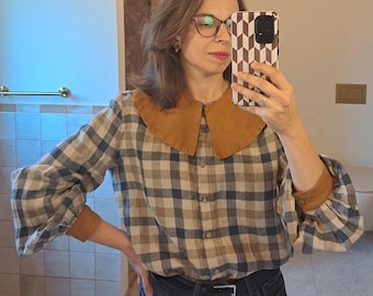 Camisa de lino a cuadros, estilo años 70, cuello grande, mangas abullonadas, estilo campestre campestre.