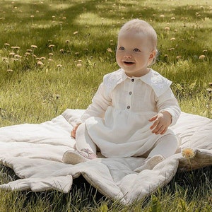 Hand Embroidered White Linen Girl&#39;s Dress for Baptism/ Christening Dress with Embroidered Name on a Collar / Natural and Festive Baby Dress