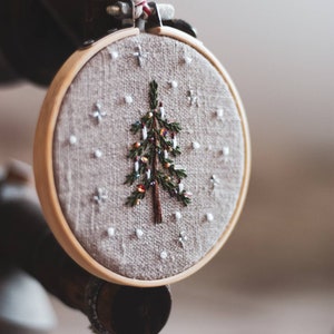 Farmhouse style hand embroidered natural linen Christmas ornaments / Set of 3 rustic linen embroidered ornaments