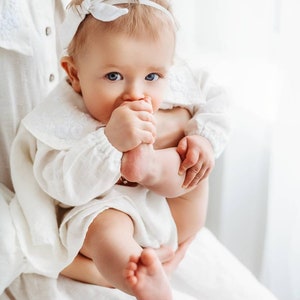 Heirloom handcrafted Baptism dress for baby girl, Custom Christening Dress with Embroidered Name on a Collar, White linen baby dress,