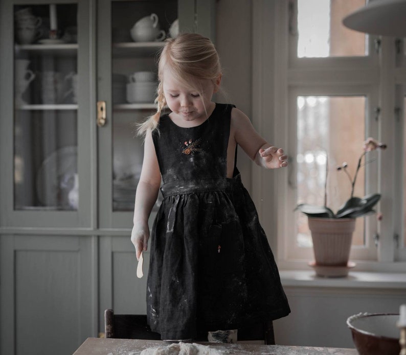 Dreamy linen apron dress for girls, Girl linen pinafore dress with hand embroidery, Heirloom dress for Easter image 3