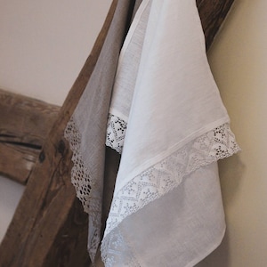 Natural  linen tea towels/Vintage style kitchen hand and dish towel/ White linen towel with lace/ Linen Bread keeper