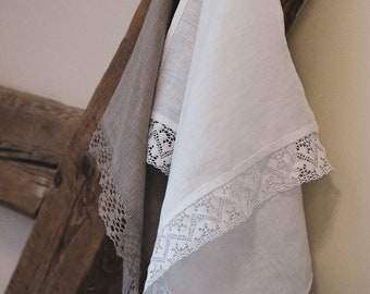 Natural  linen tea towels/Vintage style kitchen hand and dish towel/ White linen towel with lace/ Linen Bread keeper