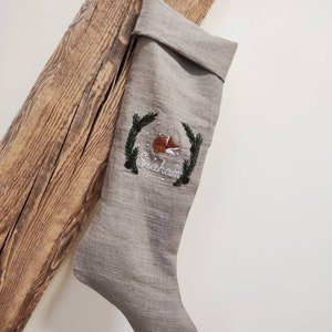 Rustic Linen Christmas Stocking, Personalized Natural Linen Christmas Stocking, Kids Christmas Stocking With Hand Embroidered Fox image 1