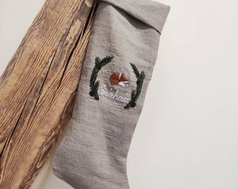 Rustic Linen Christmas Stocking, Personalized Natural Linen Christmas Stocking, Kids Christmas Stocking With Hand Embroidered Fox