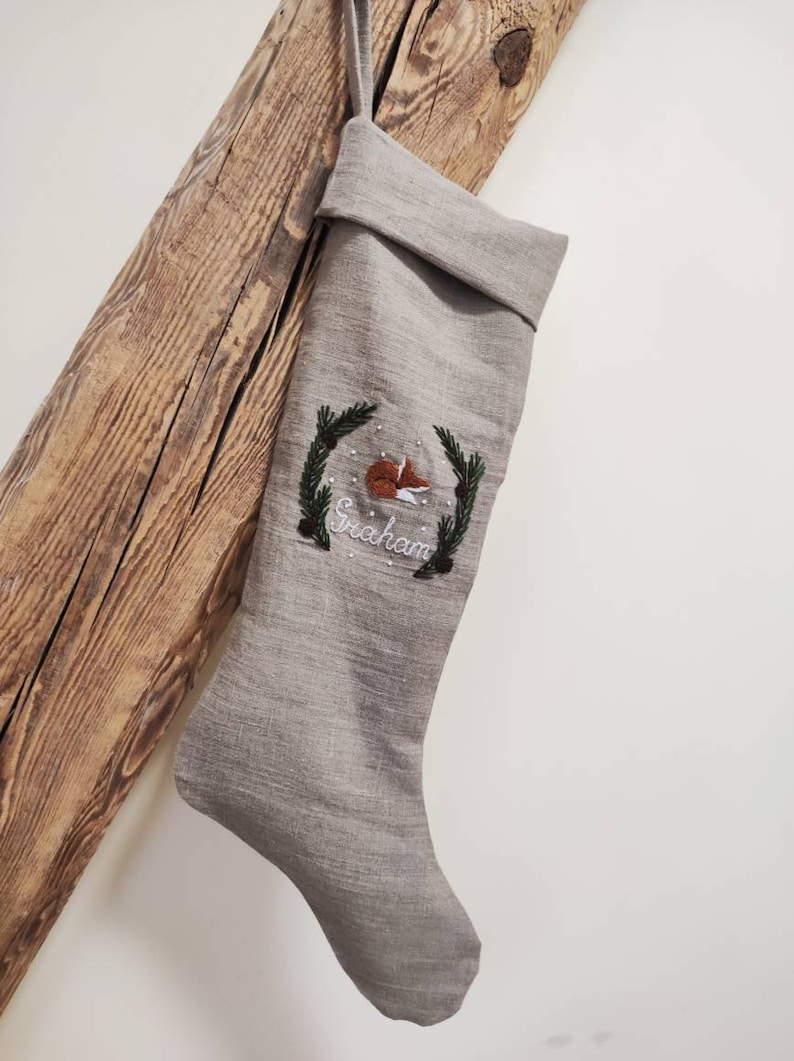 Rustic Linen Christmas Stocking, Personalized Natural Linen Christmas Stocking, Kids Christmas Stocking With Hand Embroidered Fox image 1