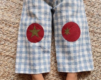 Blue gingham linen toddler pants with tomato patches