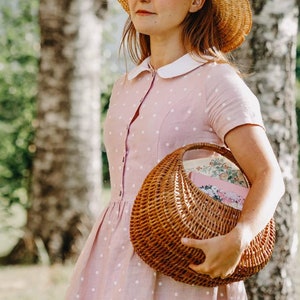 Pink Polka Dots Linen Dress/ Peter Pan Collared Vintage Style Linen Dress/ Sustainable Women Dress