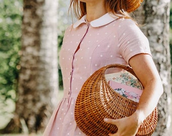 Pink Polka Dots Linen Dress/ Peter Pan Collared Vintage Style Linen Dress/ Sustainable Women Dress