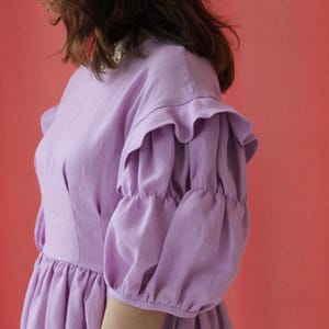 Lilac Linen Puffy Sleeve Dress – Romantic Cottagecore Midi Dress with Pockets – Lavender Summer Linen Dress – Fairycore Outfit